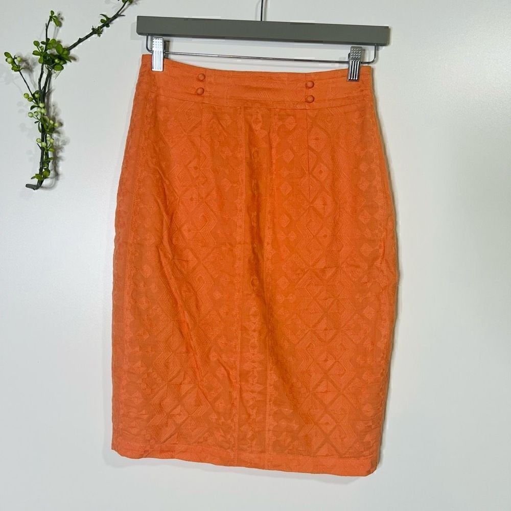 The Addison Story Peach Orange Embroidered Pencil Skirt